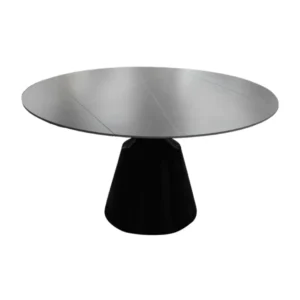 De DRAAI DT ZWART 135/86X75 heeft een moderne ronde vorm met een lichtgrijs gesinterd stenen tafelblad en een brede zwarte conische voet, afgebeeld tegen een witte achtergrond.