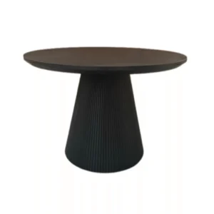 De KIMBERLY DT 130 AROUND + ZWART VISGRAAT PLAIN is een ronde, donkere tafel met een glad blad en een brede, verticaal geribbelde conische voet, tegen een effen witte achtergrond.
