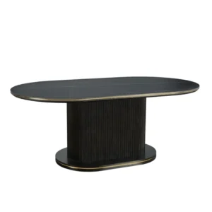 De AQUA DT ZWART/GOUD 200X110X76 ZWART/WIT KERAMIEK is een moderne zwarte ovale eettafel met een glad tafelblad van keramiek en een brede ovale voet met textuur, die een strakke, eigentijdse look biedt.
