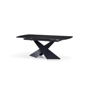 De DONKERGRIJZE SINTEERSTEEN EMPIRE SY8910 DT 180/220X90 is een moderne donkergrijze rechthoekige eettafel met afgeronde hoeken en een kruisend X-vormig onderstel, afgebeeld tegen een effen witte achtergrond.