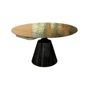 De DRAAI DT ZWART 135/86X75 heeft een gestructureerd, reflecterend blad van goudglas en een glanzend zwart, kegelvormig onderstel, tegen een witte achtergrond.