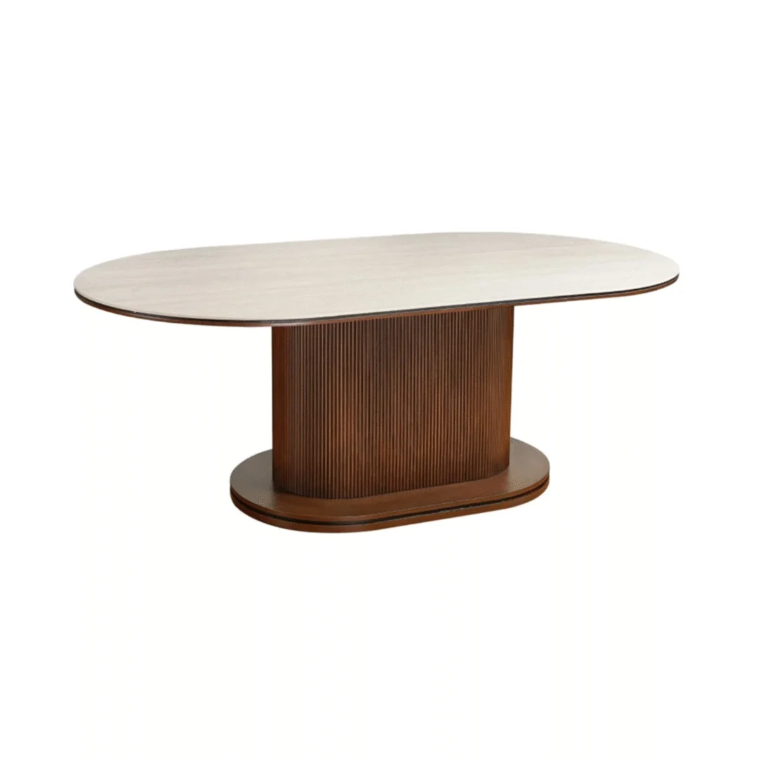 De AQUA DT BRUIN 200x110x76 heeft een modern, ovaal, beige keramisch blad en een brede, geribbelde houten voet met een warmbruine afwerking.