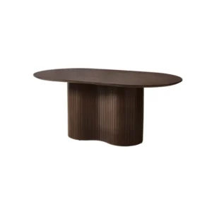 De TAURUS DT BRUIN FINEER PLAIN 180X110X76 is een moderne ovalen houten tafel met een glad blad en een kenmerkend, verticaal gegroefd, gebogen onderstel, tegen een effen witte achtergrond.
