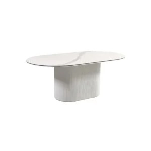 De AQUA DT V1 WIT/ZWART 200x110x76 WIT KERAMIEK is een ovale eettafel van wit keramiek met een geaderd blad en een gestructureerd, gebroken wit cilindrisch voetstuk met subtiele verticale lijnen, afgebeeld op een effen witte achtergrond.