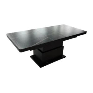 De 037 SLIMME TAFEL is een moderne rechthoekige eettafel met een zwart frame en een zwart keramisch blad van 133/170x80 cm, met een strak ontwerp en een stevig centraal onderstel.