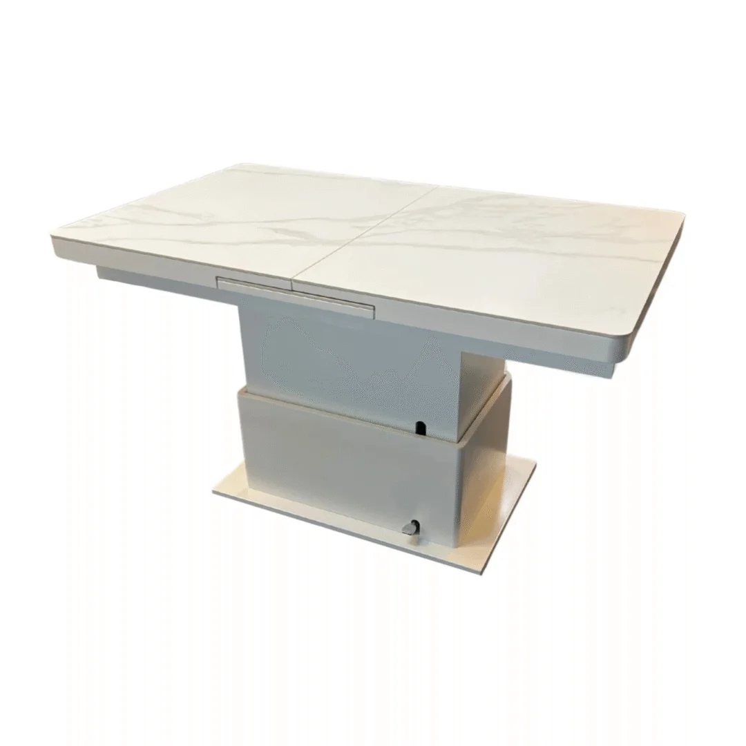 De 037 SLIMME TAFEL heeft een modern rechthoekig ontwerp met een wit keramisch blad en een stevig wit voetstuk, staande op een bijpassend rechthoekig plateau.