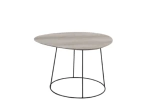 De Salontafel Greige, Zwart is een kleine, moderne ovale bijzettafel (55 x 45 cm) met een licht houten blad en slanke zwart metalen (ijzer) poten die worden verbonden door een ronde voet.