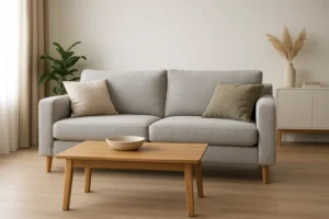 Een moderne woonkamer met een lichtgrijze bank met twee neutrale kussens, een houten salontafel-wat is het verschil tussen een salontafel en een bijzettafel?-een groene plant, en minimalistisch decor op een zijkast tegen een lichte muur.