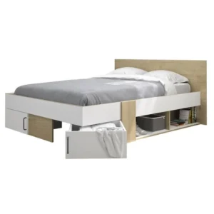 Tweepersoonsbed 140 x 190 cm Eiken en Wit met opberglades