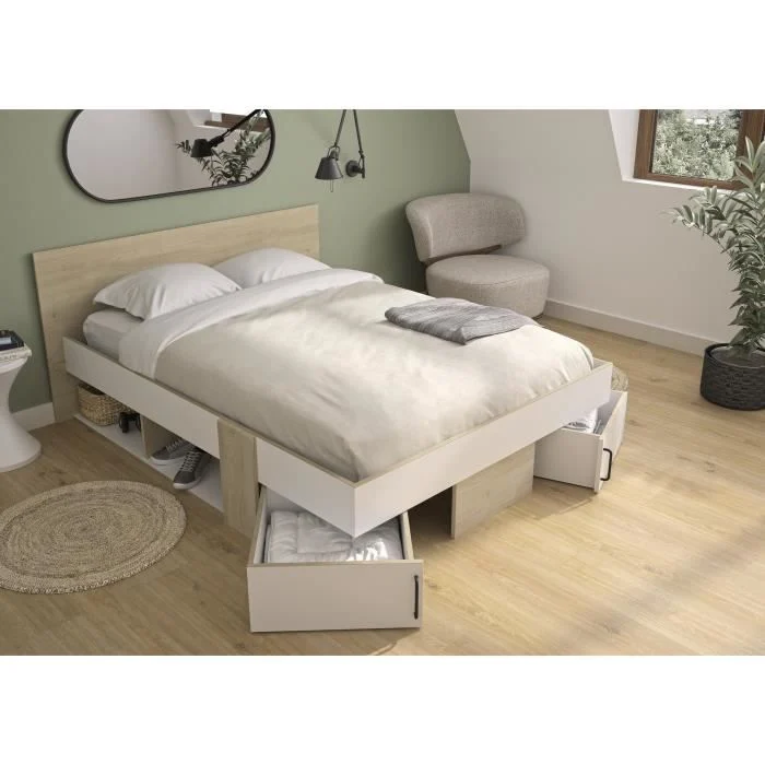 Tweepersoonsbed 140 x 190 cm Eiken en Wit met opberglades - Afbeelding 2