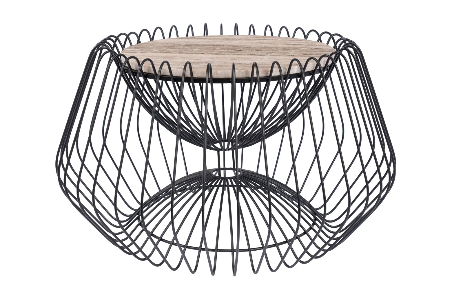 Bijzettafel Zwart, Bruin 37 CM Rond: ronde bijzettafel met marmeren blad en zwart metalen draadframe, open geometrisch ontwerp voor een moderne en luchtige uitstraling.