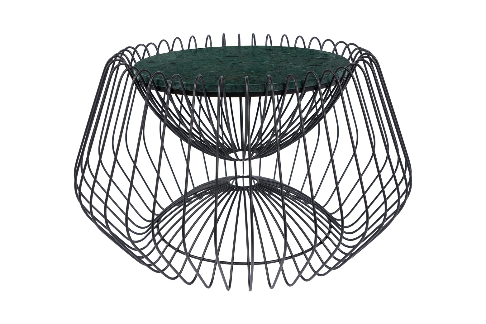 De Bijzettafel Zwart, Groen 37 CM Rond is een moderne bijzettafel met een groen marmeren rond blad en een zwart geometrisch draadframe onderstel met brede, gebogen metalen stangen voor een open, luchtige uitstraling.