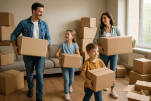 Een lachend gezin van vier, twee volwassenen en twee kinderen, dragen kartonnen dozen in een woonkamer vol met verhuisdozen. Ze zien er allemaal gelukkig en opgewonden uit, wat doet vermoeden dat ze naar een nieuw huis verhuizen.