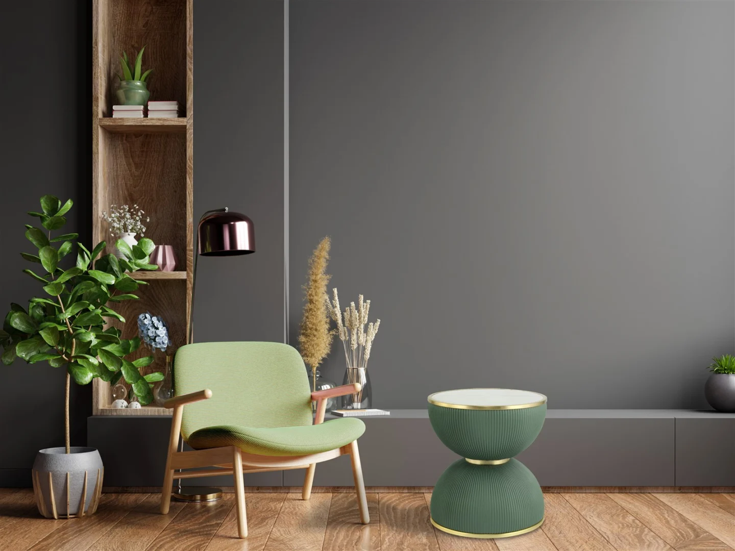 Een moderne woonkamer met een groene fauteuil, de Bijzettafel Mintgroen 47 x 51 CM Rond, potplanten, een staande lamp en ingebouwde houten planken met boeken en vazen, allemaal tegen een grijze muur.