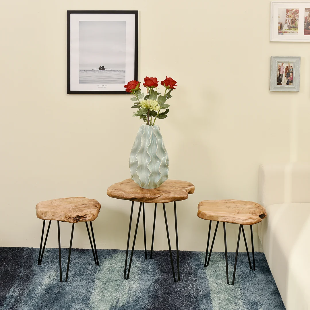 De Bijzettafel Ijzer Compact, een set van drie houten nesttafels met zwarte metalen poten, staat uitgestald op een blauw tapijt. Op de hoogste tafel staat een lichtblauwe vaas met rode en witte bloemen; ingelijste foto's hangen aan de beige muur erachter.