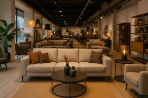 Interieur van een meubelwinkel met verschillende zitmeubelen. Goede stoelen tegen rugpijn zijn hier te vinden.