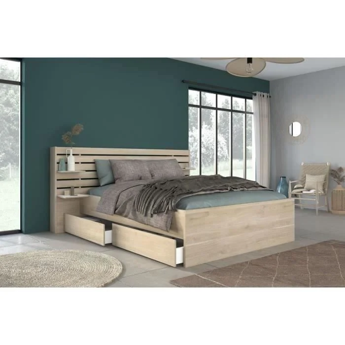 Tweepersoonsbed 160 x 200 cm Japans eiken decor met 2 laden
