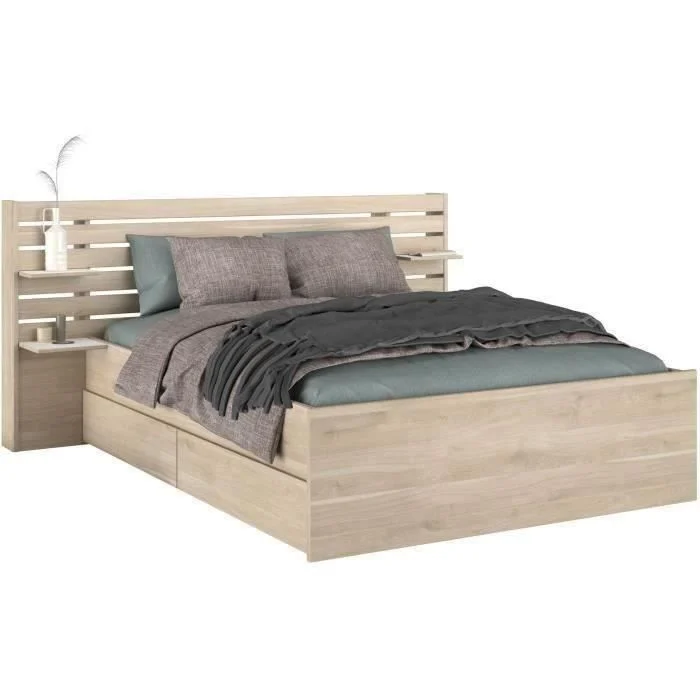 Tweepersoonsbed 160 x 200 cm Japans eiken decor met 2 laden - Afbeelding 2