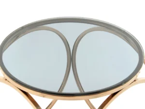Bijzettafel Grijs Staal Compact met een rond glazen blad en een grijs stalen frame met gebogen steunen, van bovenaf gefotografeerd tegen een witte achtergrond.