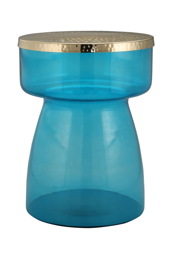 De Bijzettafel Blauw, Goud Metaal is een moderne bijzettafel met een doorschijnend blauw, zandlopervormig onderstel gecombineerd met een rond, plat, metallic goudkleurig blad.