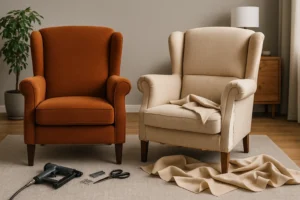 Twee fauteuils staan naast elkaar in de woonkamer; de linker is bruin, terwijl de rechter opnieuw wordt bekleed in beige, met gereedschap en stof in de buurt - net zoals een bijzettafel verschilt van een salontafel in zowel gebruik als plaatsing.