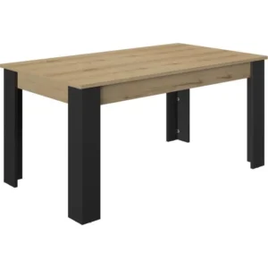 De Uitschuifbare tafel GAMI TRUST biedt plaats aan 8 personen, heeft een eikenhouten blad met stevige zwarte poten en meet 90 x 160 x 77 cm, tegen een effen witte achtergrond.