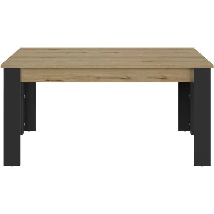 De Uitschuifbare tafel GAMI TRUST is een rechthoekige tafel voor 8 personen, met een licht eiken tafelblad en dikke zwarte poten, van voren afgebeeld tegen een witte achtergrond. Afmetingen: 90 x 160 x 77 cm.