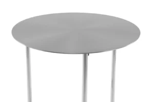 De Bijzettafel Zilver Rond Staal is een moderne ronde metalen bijzettafel met een glad, plat zilveren blad en slanke, glanzend zilveren poten, tegen een witte achtergrond.