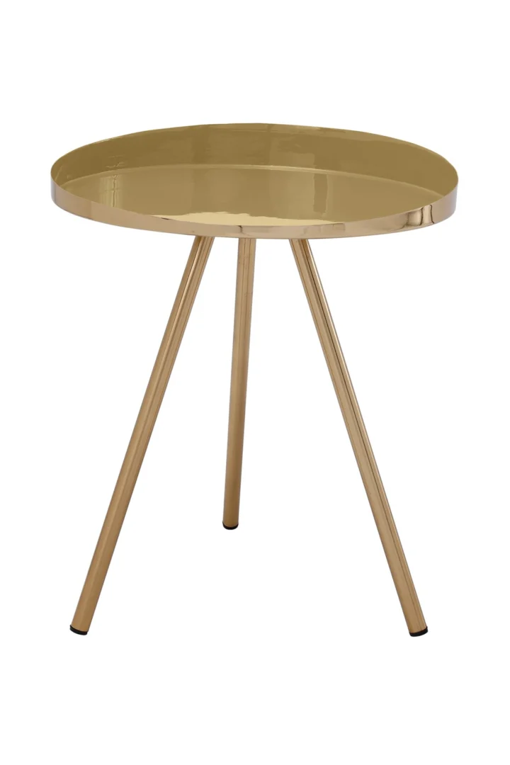 De Bijzettafel Ijzer Design is een klein, rond gouden metalen bijzettafeltje met een opstaande rand, drie schuine poten, een reflecterend oppervlak en een moderne minimalistische stijl.