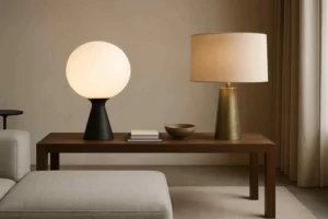 Twee moderne lampen op een houten tafel. Is een harde of zachte stoel beter tegen rugpijn?