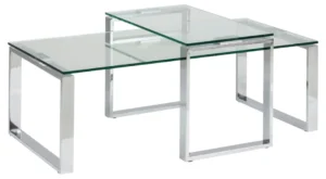 De Salontafel Transparant Rechthoek Glas bestaat uit twee moderne nesttafels met bladen van helder glas en metalen frames, die samen in een overlappende opstelling op een witte achtergrond staan.