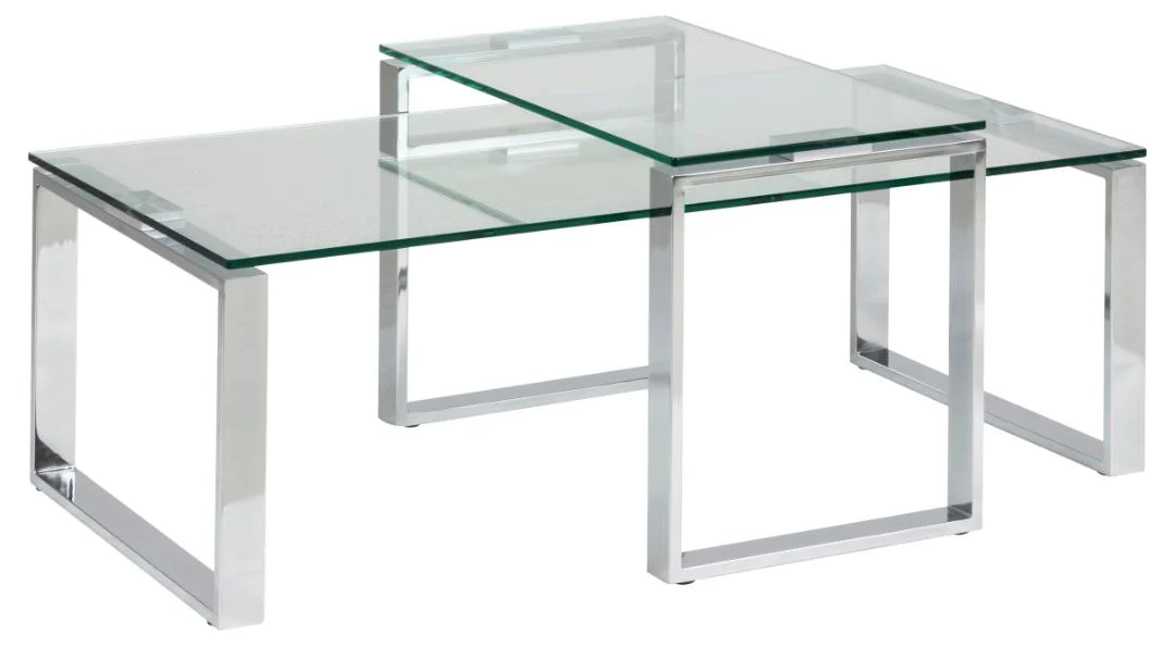 De Salontafel Transparant Rechthoek Glas bestaat uit twee moderne nesttafels met bladen van helder glas en metalen frames, die samen in een overlappende opstelling op een witte achtergrond staan.