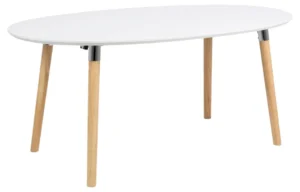 De Eettafel Nieuwe Sfeer is een ronde, ovale witte tafel (100 x 74 cm) met vier licht eiken poten, tegen een effen witte achtergrond.