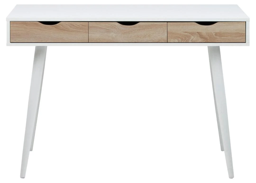 Strak bureau 110x50 in wit melamine met 3 sonoma eiken lades en stalen poten.