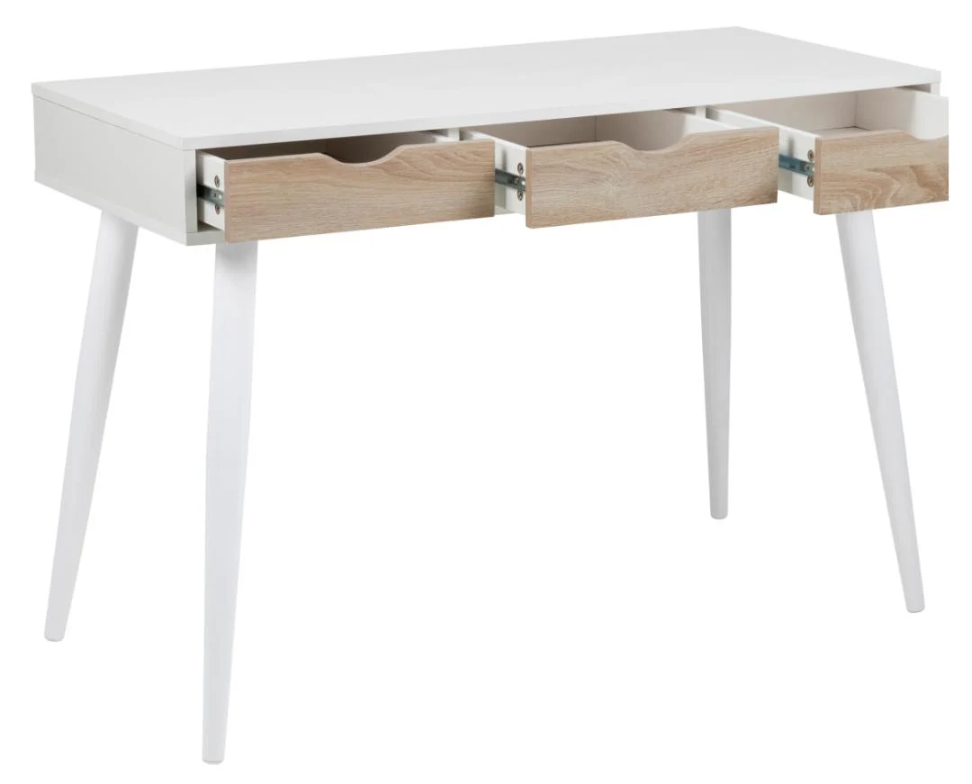 Strak bureau 110x50 in wit melamine met 3 Sonoma eiken lades. Modern design stalen poten.