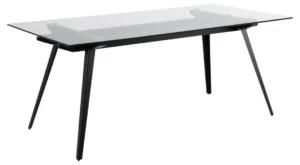 De Eettafel Nieuwe Sfeer is een moderne rechthoekige tafel (90 x 75 cm) met een helder glazen blad en zwarte stalen schuine poten, afgebeeld op een witte achtergrond.
