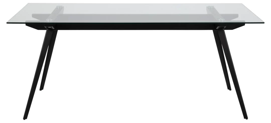 De Eettafel Nieuwe Sfeer 90 x 75 CM heeft een rechthoekig glazen blad en slanke zwarte stalen poten, die een minimalistisch en eigentijds ontwerp bieden.