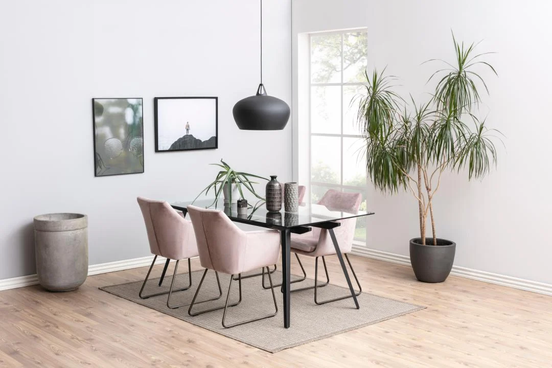 Een moderne eetkamer is voorzien van de Eettafel Nieuwe Sfeer 90 x 75 CM - een rechthoekige tafel van glas en staal - vier roze stoelen, een zwarte hanglamp, muurkunst, een grote plant in pot, natuurlijk licht uit een raam en een beige vloerkleed op een lichthouten vloer.