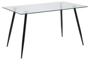 De Eettafel Wilma is een moderne, minimalistische tafel met een rond glazen blad (80 x 75 cm) en vier slanke zwarte stalen poten, perfect voor eigentijdse interieurs.
