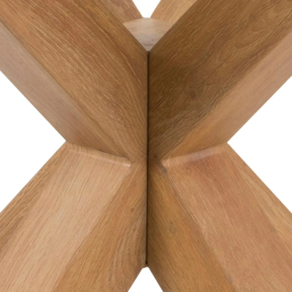 Close-up van kruisende stalen balken die een X-vorm vormen en de moderne basis van de Eettafel Nieuwe Sfeer 119 CM Rond Glas benadrukken.