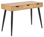 Industrieel bureau eikenlook MDF met 3 laden en zwart stalen poten. Strak design, 110x50 cm.