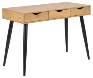 Industrieel bureau eikenlook MDF met 3 laden en zwart stalen poten. Strak design, 110x50 cm.