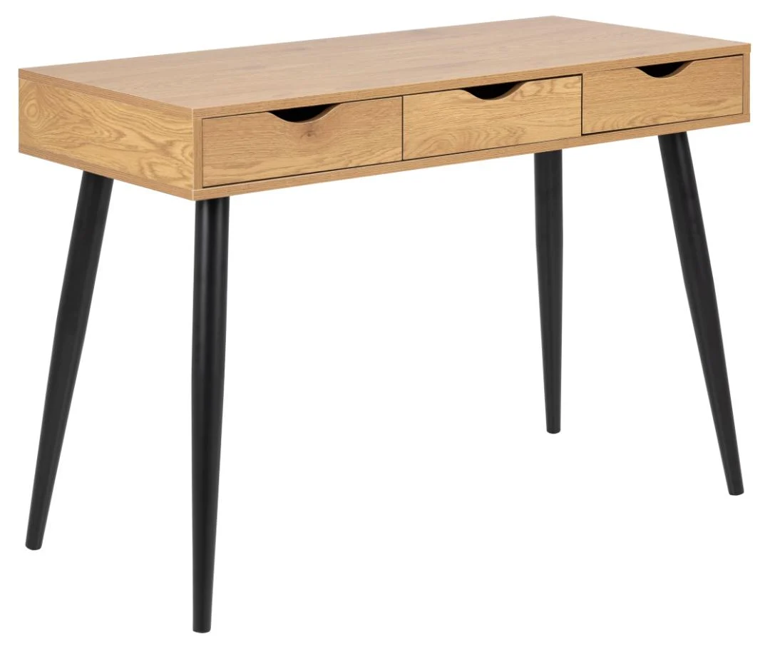 Industrieel bureau eikenlook MDF met 3 laden en zwart stalen poten. Strak design, 110x50 cm.