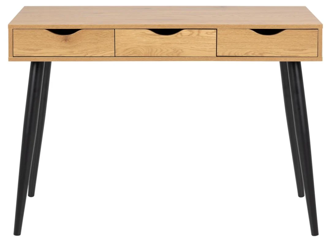 Industriële bureau eikenlook MDF, zwart stalen poten, 3 lades.