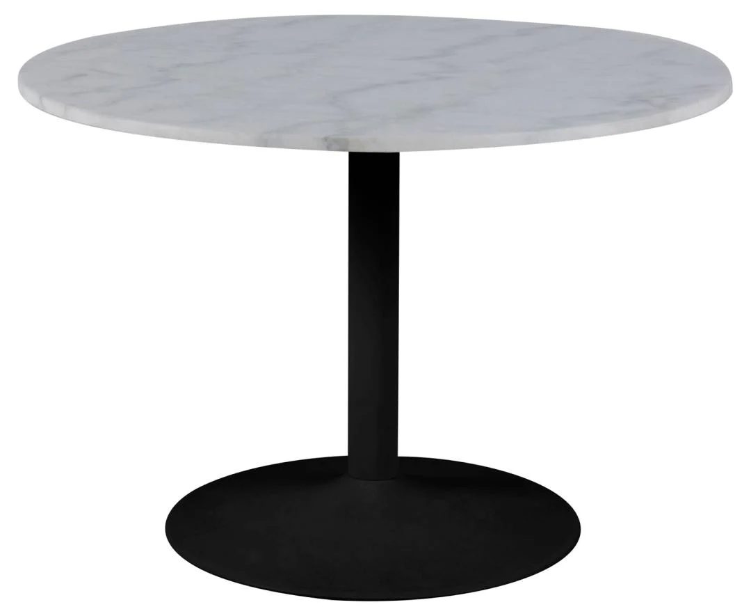 Eettafel Nieuwe Sfeer 110 CM Rond Marmer met een wit marmeren blad en een mat zwart onderstel, afgebeeld tegen een witte achtergrond.