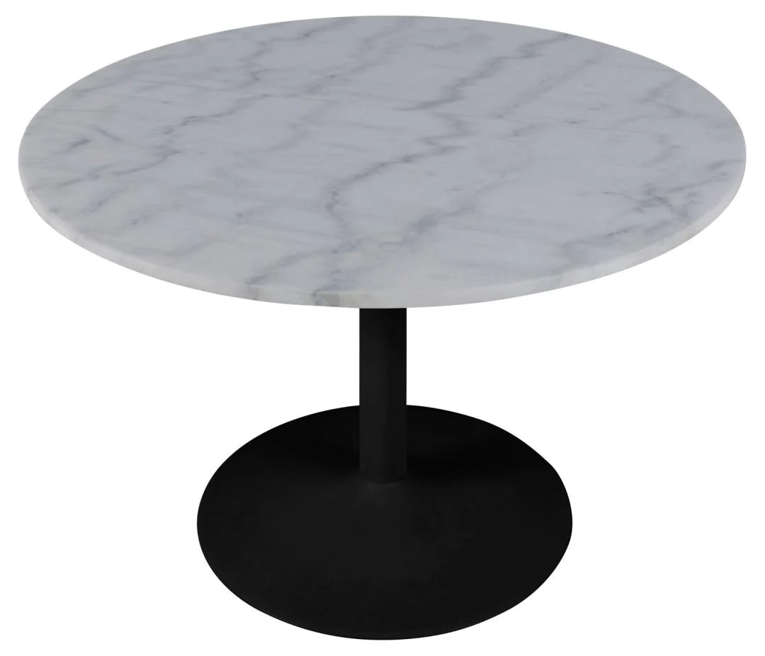Eettafel Nieuwe Sfeer 110 CM Rond Marmer met een wit marmeren blad met subtiele grijze aders, mat zwart onderstel en brede zwarte voet, getoond tegen een effen witte achtergrond.