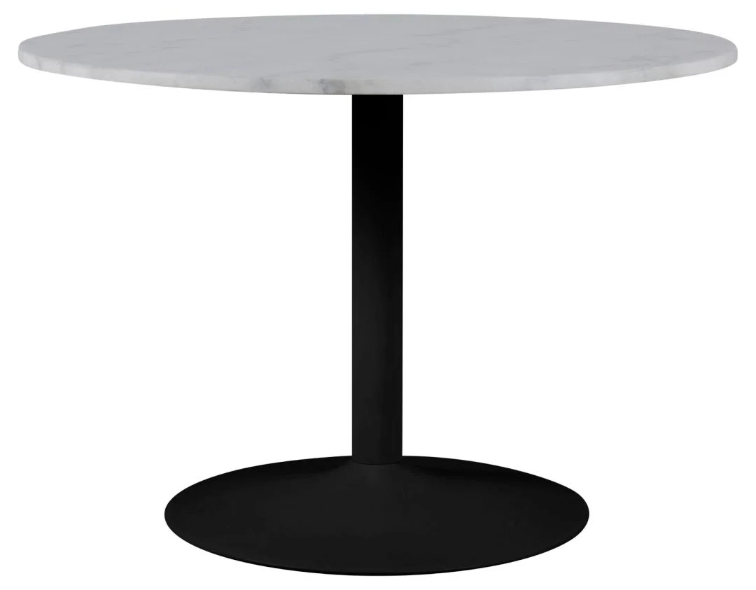 De Eettafel Nieuwe Sfeer 110 CM Rond Marmer heeft een wit marmeren rond blad en een mat zwarte sokkel, tegen een effen witte achtergrond.