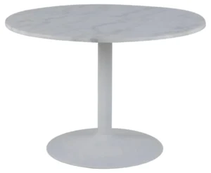 De Eettafel Nieuwe Sfeer 110 CM Rond Marmer heeft een rond wit marmeren blad en een enkele centrale sokkel, tegen een effen witte achtergrond.