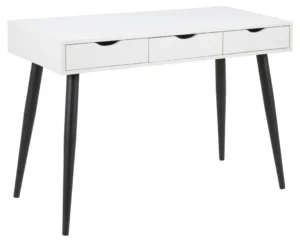 Wit bureau met 3 lades, melamine blad en mat zwarte stalen poten. Afmeting 110x50 cm.