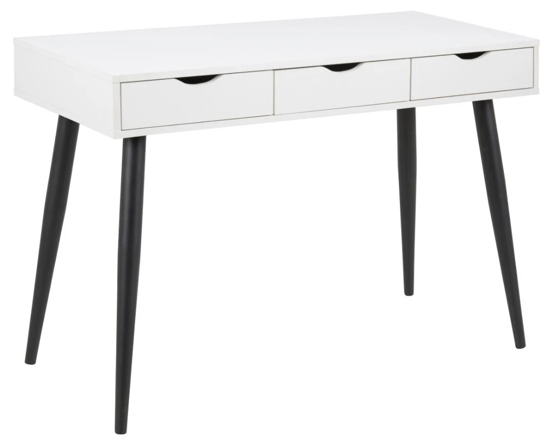 Wit bureau met 3 lades, melamine blad en mat zwarte stalen poten. Afmeting 110x50 cm.